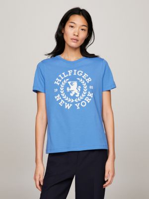 Crew Neck Crest Embroidery T-Shirt, Blue