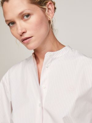 Stripe Collarless Oversized Fit Shirt, Pink