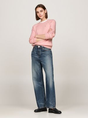 pullover relaxed fit in maglia intrecciata rosa da donne tommy hilfiger