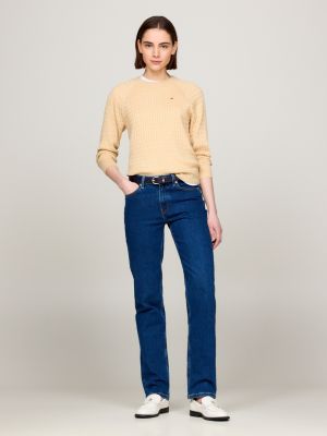 beige pullover mit zopfstrickmuster und raglanärmeln für damen - tommy hilfiger