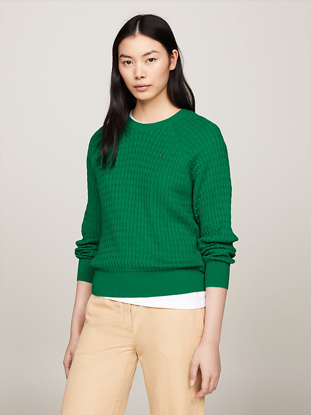 green relaxed fit zopfstrick-pullover für damen - tommy hilfiger