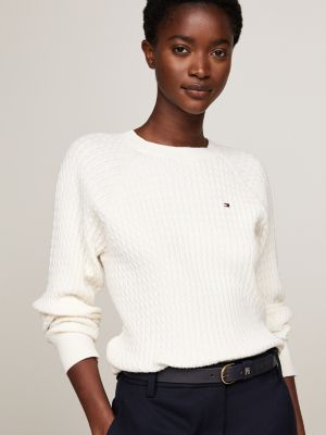 geel relaxed fit gebreide trui met mini-kabels voor dames - tommy hilfiger