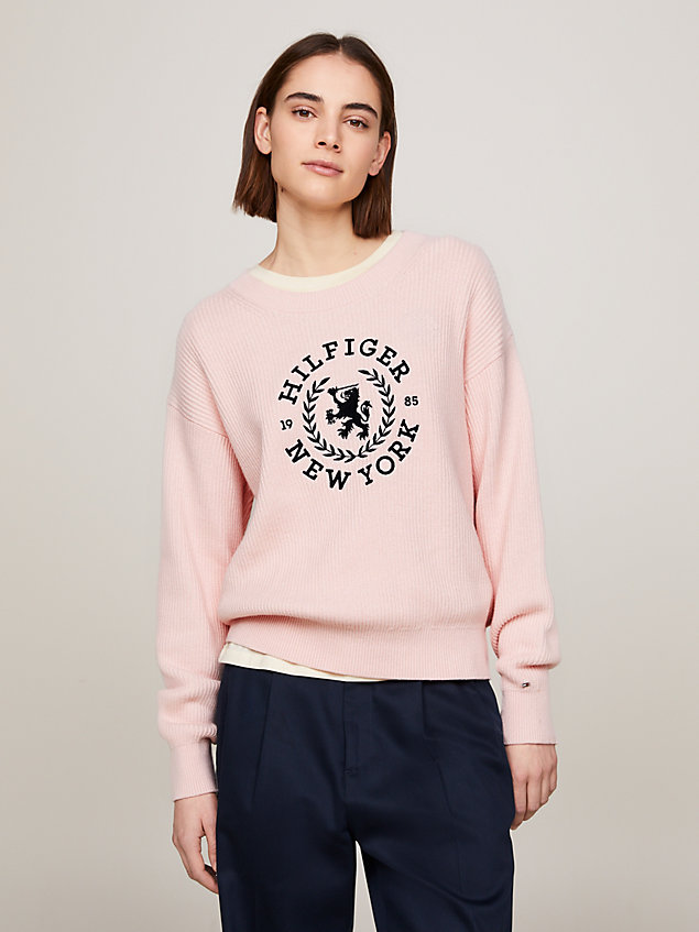 pink regular trui met ronde hals en thc-embleem voor dames - tommy hilfiger