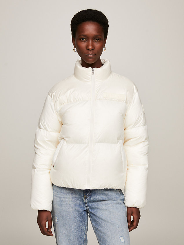 beige colour-blocked new york puffer jacket for women tommy hilfiger