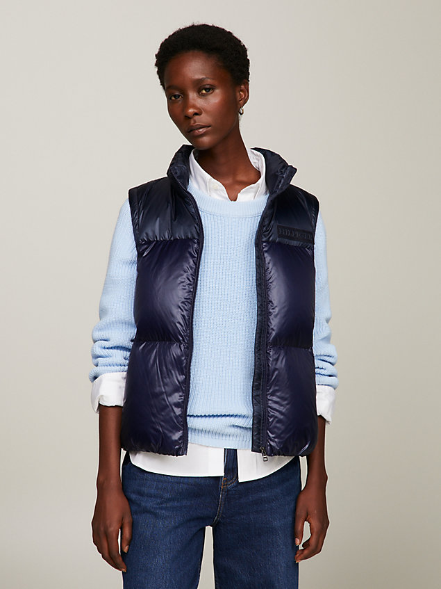 blue colour-blocked new york puffer vest for women tommy hilfiger