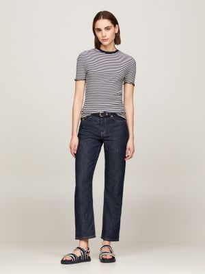 t-shirt slim fit a righe con trama a coste bianco da donne tommy hilfiger