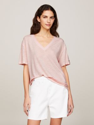 t-shirt relaxed fit con scollatura a v pink da donne tommy hilfiger