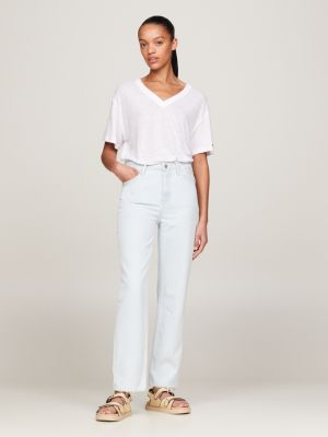 white relaxed fit t-shirt mit v-ausschnitt für damen - tommy hilfiger