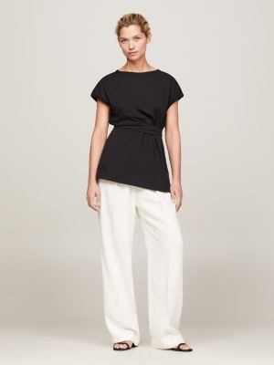 black relaxed fit kurzarm-oberteil mit bindeband für damen - tommy hilfiger