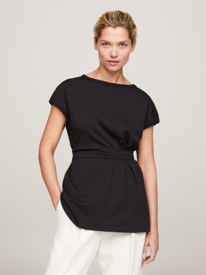 black relaxed fit kurzarm-oberteil mit bindeband für damen - tommy hilfiger