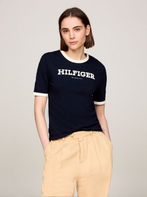 blue hilfiger monotype t-shirt mit geflocktem logo für damen - tommy hilfiger