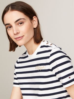 T shirt raye a boutons dores Blanc Tommy Hilfiger