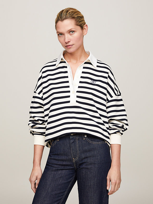 white relaxed fit rugbyshirt met bretonse streep voor dames - tommy hilfiger