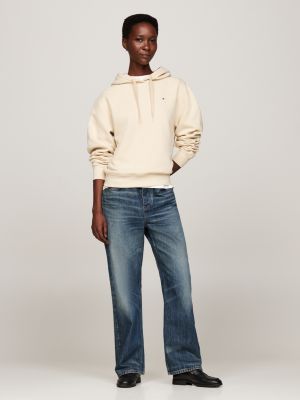 beige flag embroidery drawstring hoody for women tommy hilfiger