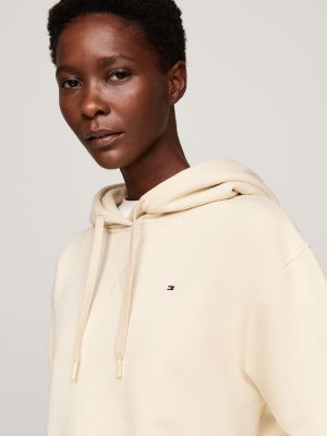 beige hoodie met trekkoord en geborduurde vlag voor dames - tommy hilfiger