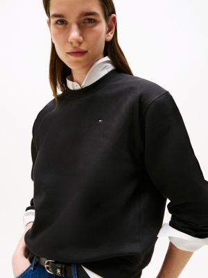 schwarz rundhals-sweatshirt mit aufgestickter flag für damen - tommy hilfiger