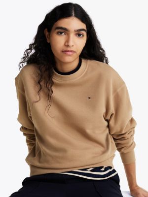 beige rundhals-sweatshirt mit aufgestickter flag für damen - tommy hilfiger