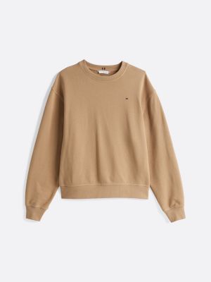 beige rundhals-sweatshirt mit aufgestickter flag für damen - tommy hilfiger