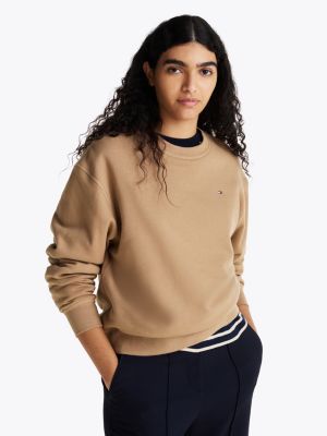 sweat à col ras-du-cou et drapeau brodé beige pour femmes tommy hilfiger