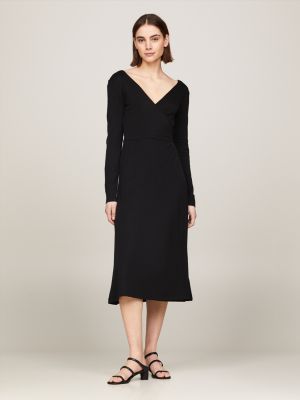 V Neck Midi Wrap Dress Black Tommy Hilfiger