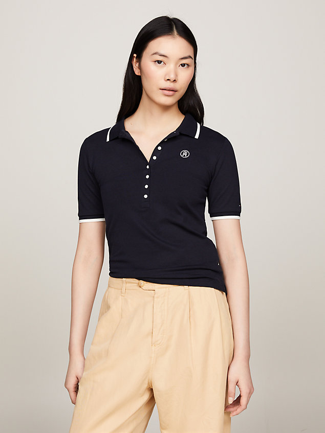 blue th monogram tipped slim fit polo for women tommy hilfiger