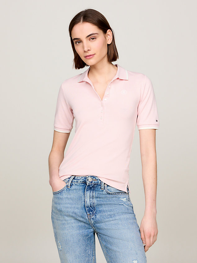 pink th monogram tipped slim fit polo for women tommy hilfiger