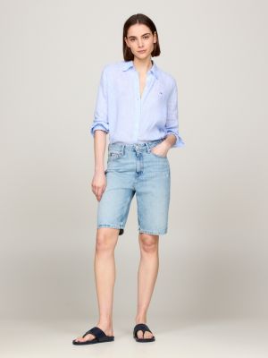 shorts distressed slim fit a vita alta in denim blu da donne tommy hilfiger