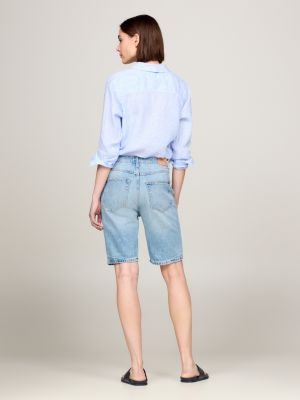 shorts distressed slim fit a vita alta in denim blu da donne tommy hilfiger