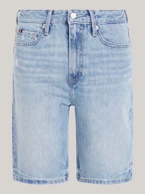 shorts distressed slim fit a vita alta in denim blu da donne tommy hilfiger