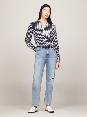 blusa relaxed fit a righe con scollatura a v blu da donne tommy hilfiger