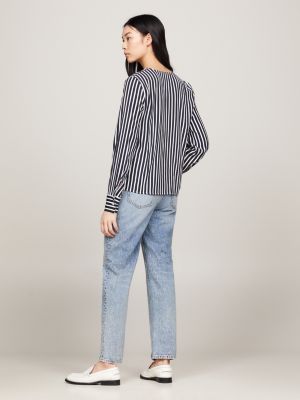 Stripe V-Neck Relaxed Fit Blouse | Blue | Tommy Hilfiger