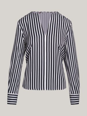 Stripe V-Neck Relaxed Fit Blouse, Blue