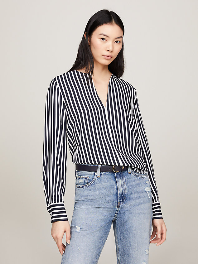 blue stripe v-neck relaxed fit blouse for women tommy hilfiger