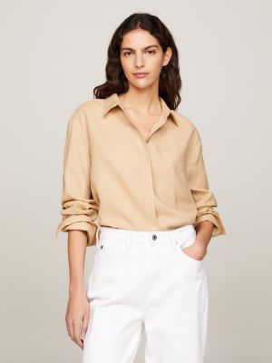 beige relaxed fit hemd aus leinen mit tasche für damen - tommy hilfiger