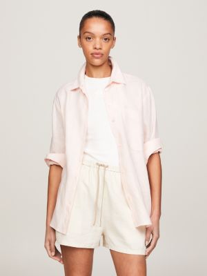 Stripe Collarless Oversized Fit Shirt | Pink | Tommy Hilfiger