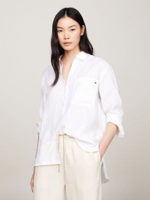 camiseta amplia de lino con bolsillo de parche white de mujeres tommy hilfiger