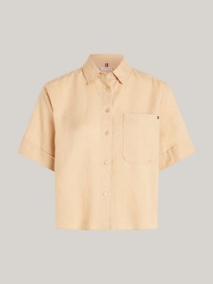 camicia relaxed fit in lino a maniche corte beige da donne tommy hilfiger