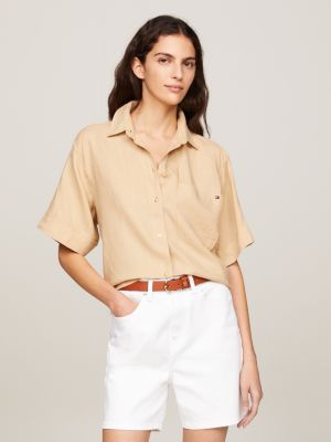 camisa amplia de lino con manga corta beige de mujeres tommy hilfiger