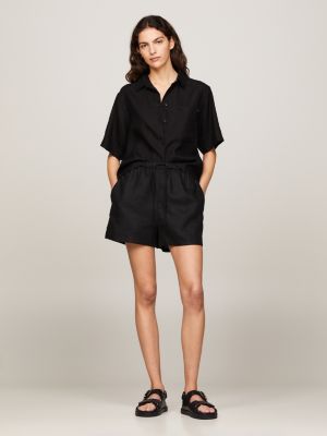 black relaxed fit kurzarm-hemd aus leinen für damen - tommy hilfiger