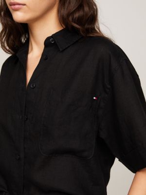 camicia relaxed fit in lino a maniche corte nero da donne tommy hilfiger