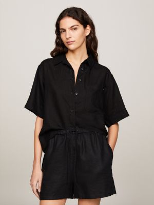 black relaxed fit kurzarm-hemd aus leinen für damen - tommy hilfiger