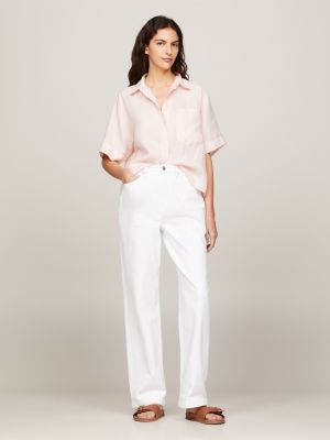 pink relaxed fit kurzarm-hemd aus leinen für damen - tommy hilfiger