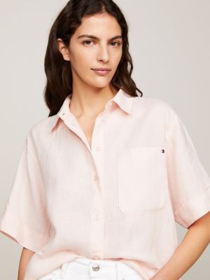 camicia relaxed fit in lino a maniche corte rosa da donne tommy hilfiger