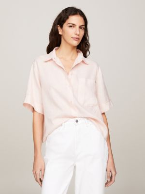 pink relaxed fit kurzarm-hemd aus leinen für damen - tommy hilfiger