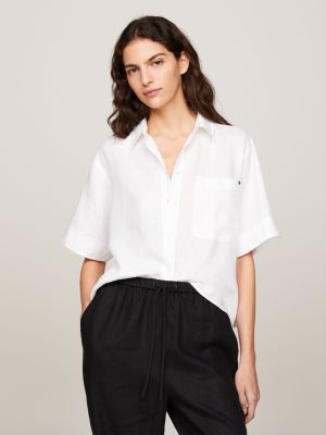 camisa amplia de lino con manga corta white de mujeres tommy hilfiger