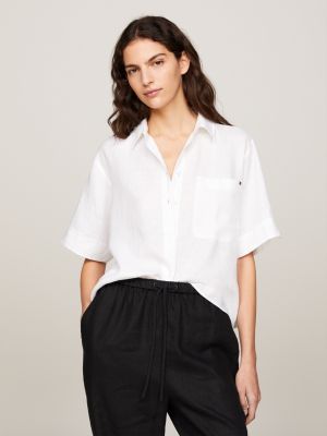 white relaxed fit kurzarm-hemd aus leinen für damen - tommy hilfiger