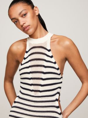 Crochet Stripe Halterneck Maxi Sweater Dress | White | Tommy Hilfiger