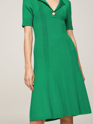 Ribbed Polo Fit And Flare Sweater Dress | Green | Tommy Hilfiger