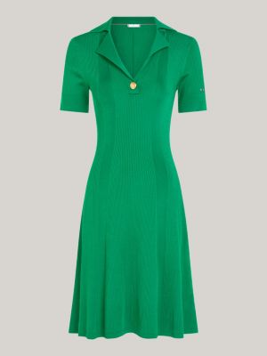 Ribbed Polo Fit And Flare Sweater Dress | Green | Tommy Hilfiger