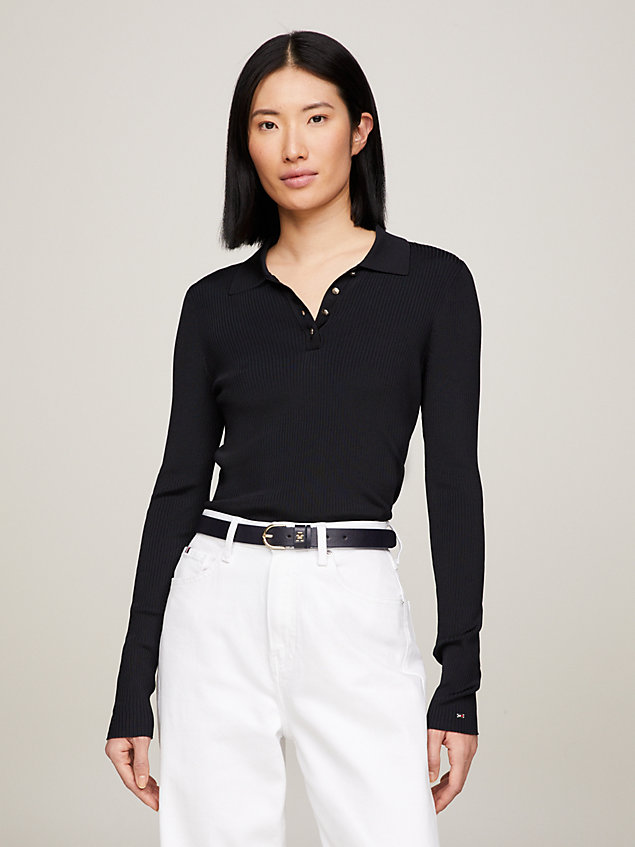 blue slim long sleeve knit polo for women tommy hilfiger